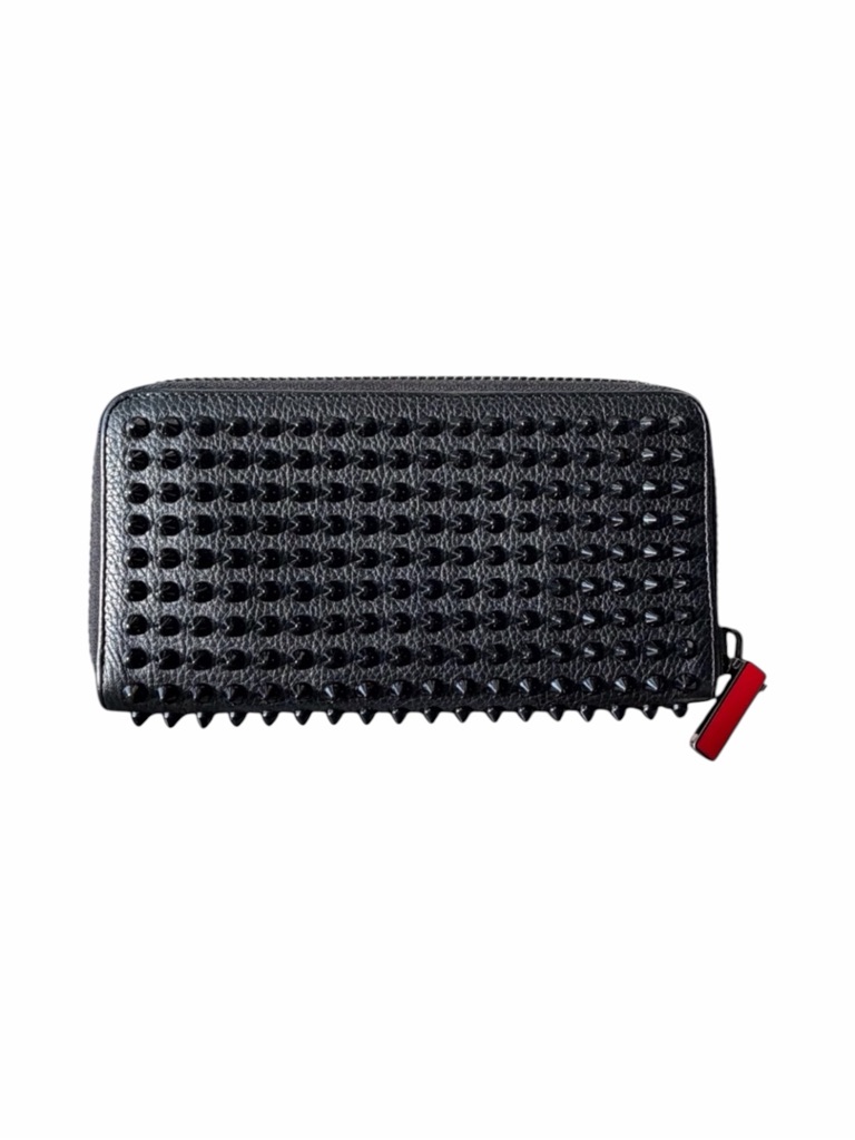 Christian Louboutin Panettone Black Leather Spiked Zippy Wallet Red Interior